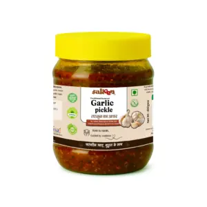 Traditional Banarasi garlic pickle made with whole lahsun cloves in mustard oil by Salteen