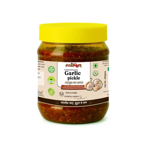 Traditional Banarasi garlic pickle made with whole lahsun cloves in mustard oil by Salteen
