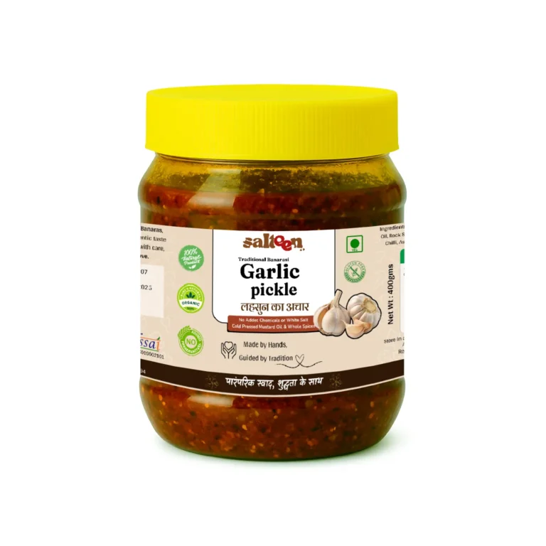 Traditional Banarasi garlic pickle made with whole lahsun cloves in mustard oil by Salteen
