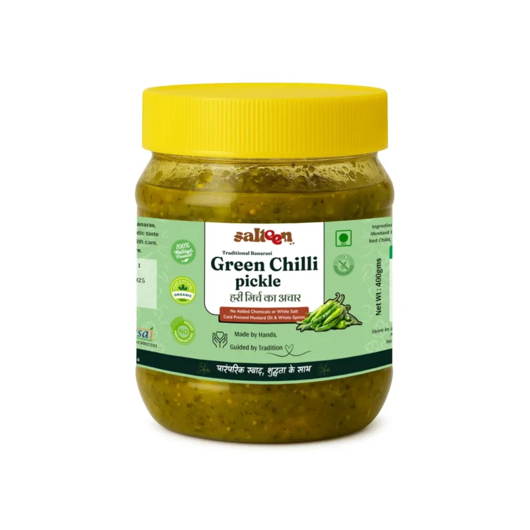 Spicy Banarasi green chilli pickle made in mustard oil by Salteen