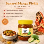 Banarasi mango pickle close-up showing raw green mango pieces and traditional spices