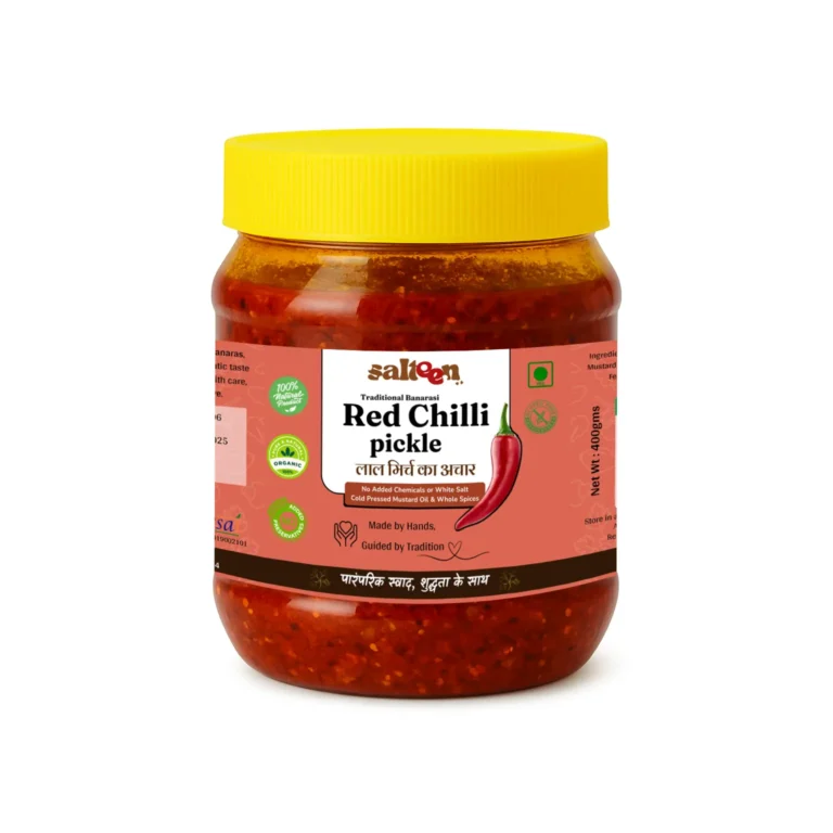 Spicy Banarasi red chilli pickle made with whole red chillies