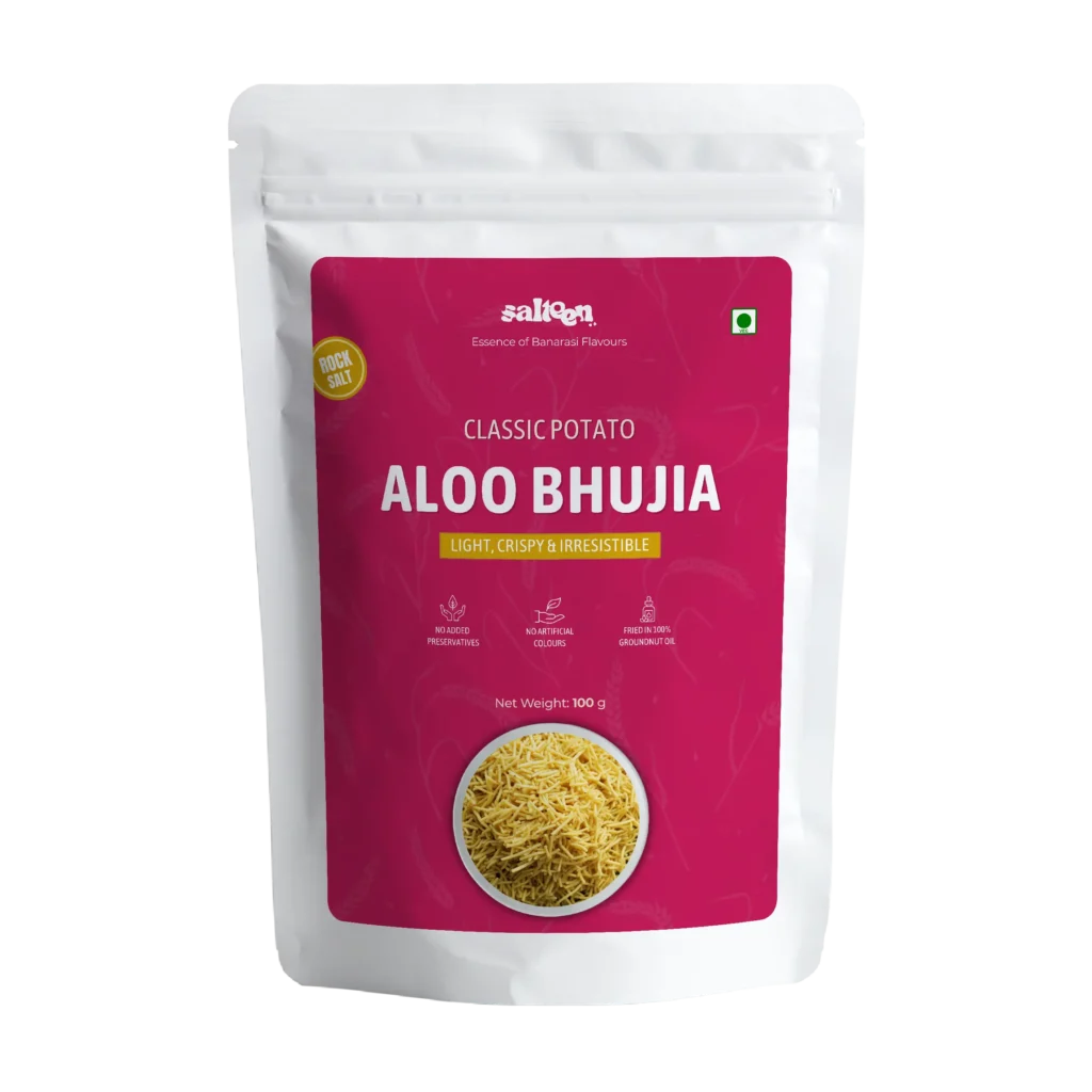 Crispy Aloo Bhujia made from potatoes and Indian spices by Salteen Foods.