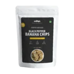 Crispy banana chips flavored with black pepper by Salteen Foods.