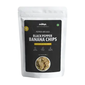 Crispy banana chips flavored with black pepper by Salteen Foods.