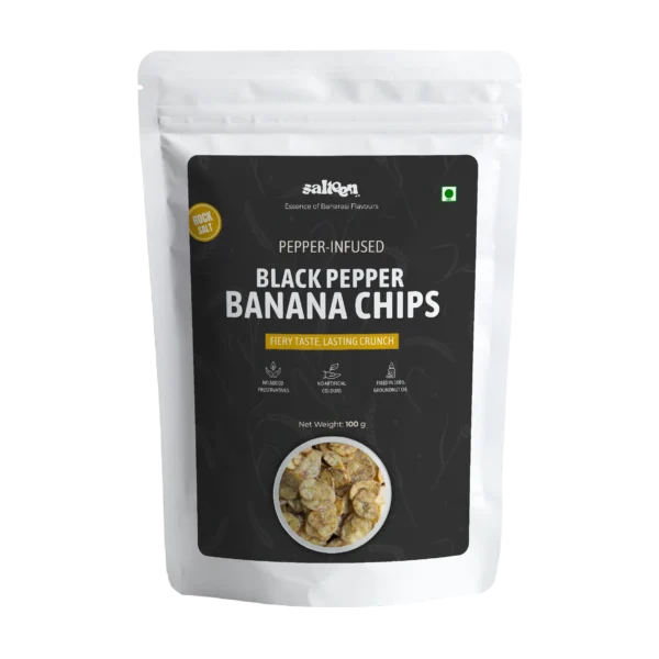 Crispy banana chips flavored with black pepper by Salteen Foods.