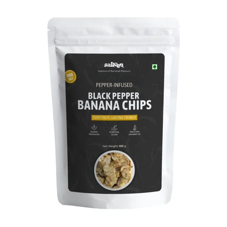 Crispy banana chips flavored with black pepper by Salteen Foods.