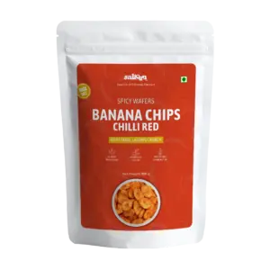 Spicy red chilli banana chips made from fresh raw bananas by Salteen Foods.