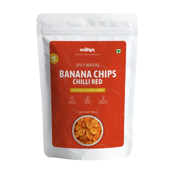 Spicy red chilli banana chips made from fresh raw bananas by Salteen Foods.