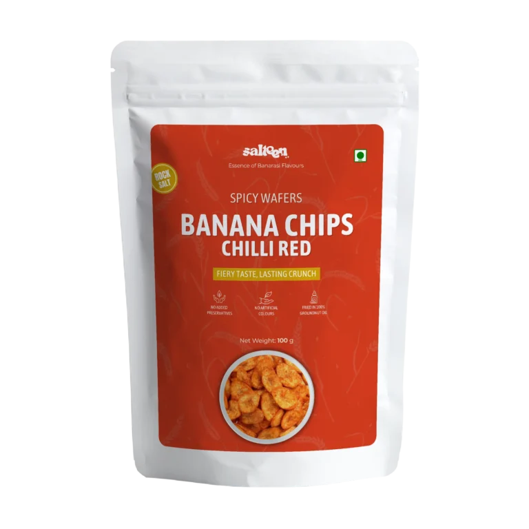 Spicy red chilli banana chips made from fresh raw bananas by Salteen Foods.