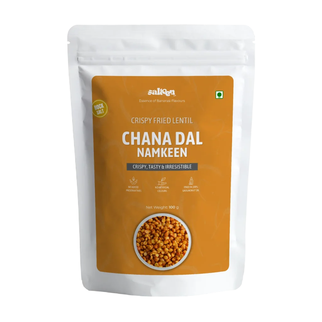 Crunchy chana dal namkeen made with Indian spices by Salteen Foods.