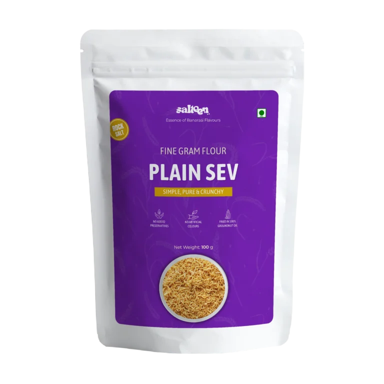 Plain sev made from gram flour with mild seasoning by Salteen Foods.
