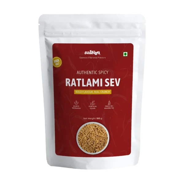 Spicy Ratlami Sev made with traditional spices by Salteen Foods.