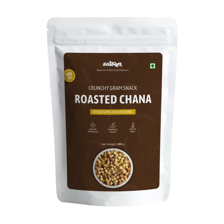 Protein-rich roasted chana made from premium chickpeas by Salteen Foods.