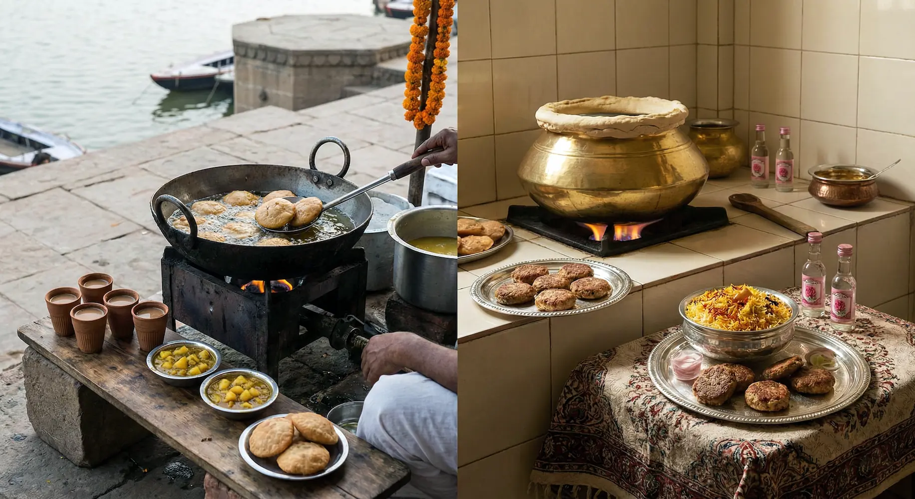 A split-screen composite image contrasting Banaras vs Awadhi Cuisine. On the left, a rustic outdoor scene on the stone steps of Banaras shows kachoris frying in a large iron wok over an open flame, accompanied by clay cups of tea and vegetable curry. On the right, an indoor Awadhi kitchen scene features a brass handi sealed with dough for slow-cooking, alongside a silver platter of galouti kebabs, saffron biryani, and bottles of rose water.