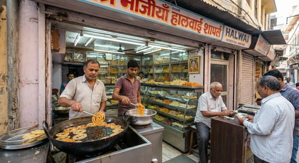 Traditional Banaras food traditions seen in a local sweet shop