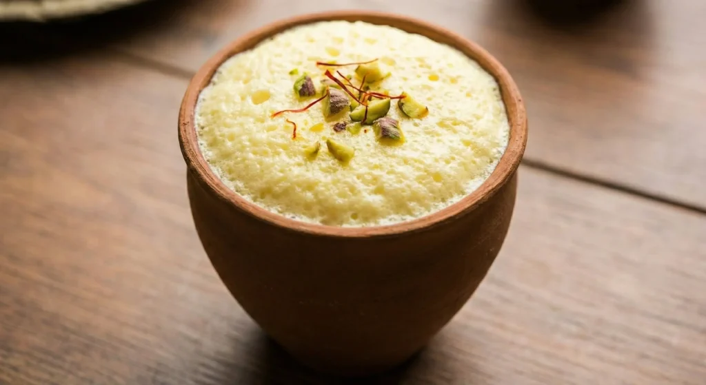 Earthen clay cup filled with frothy Malaiyyo topped with saffron and pistachios.