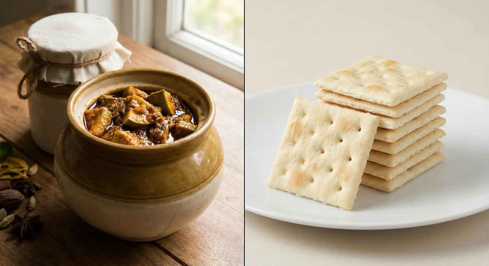A side-by-side comparison showing authentic Indian mango pickle in a ceramic barni representing 'Salteen' brand, versus a stack of plain Saltine crackers.