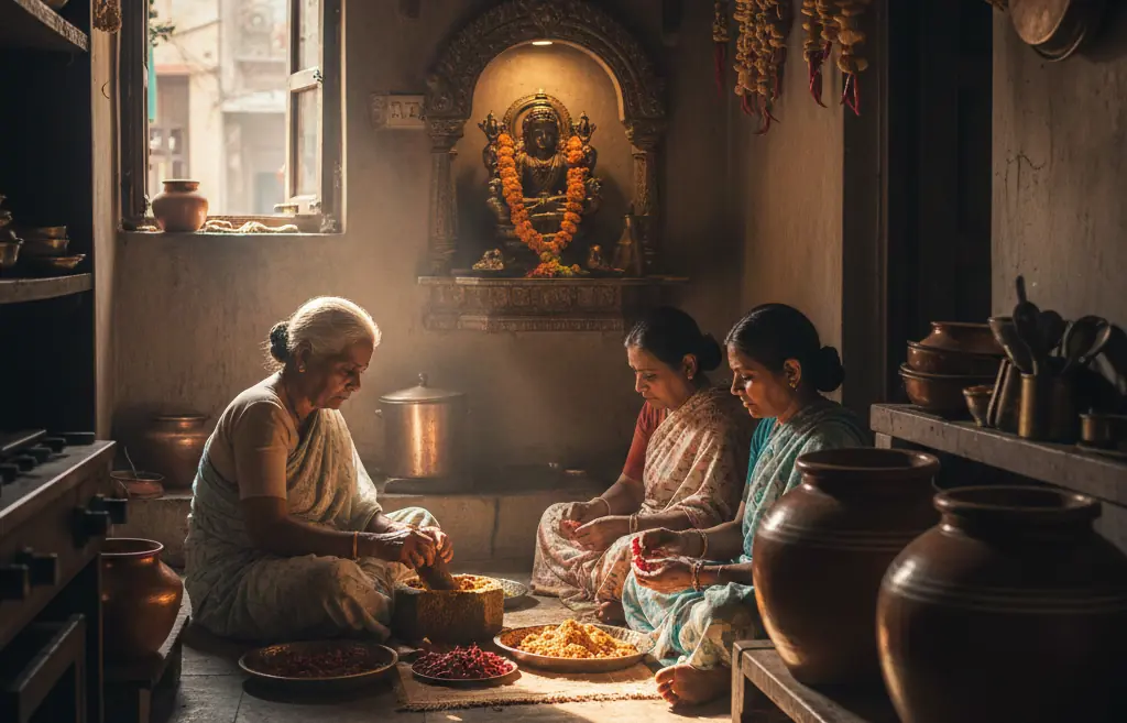 Three elder Indian women seated on the stone floor of a traditional, dimly lit kitchen in Old Kashi, manually grinding spices and preparing ingredients. A lit shrine dedicated to a household deity is built into the rear wall, surrounded by copper pots and hanging dried goods.