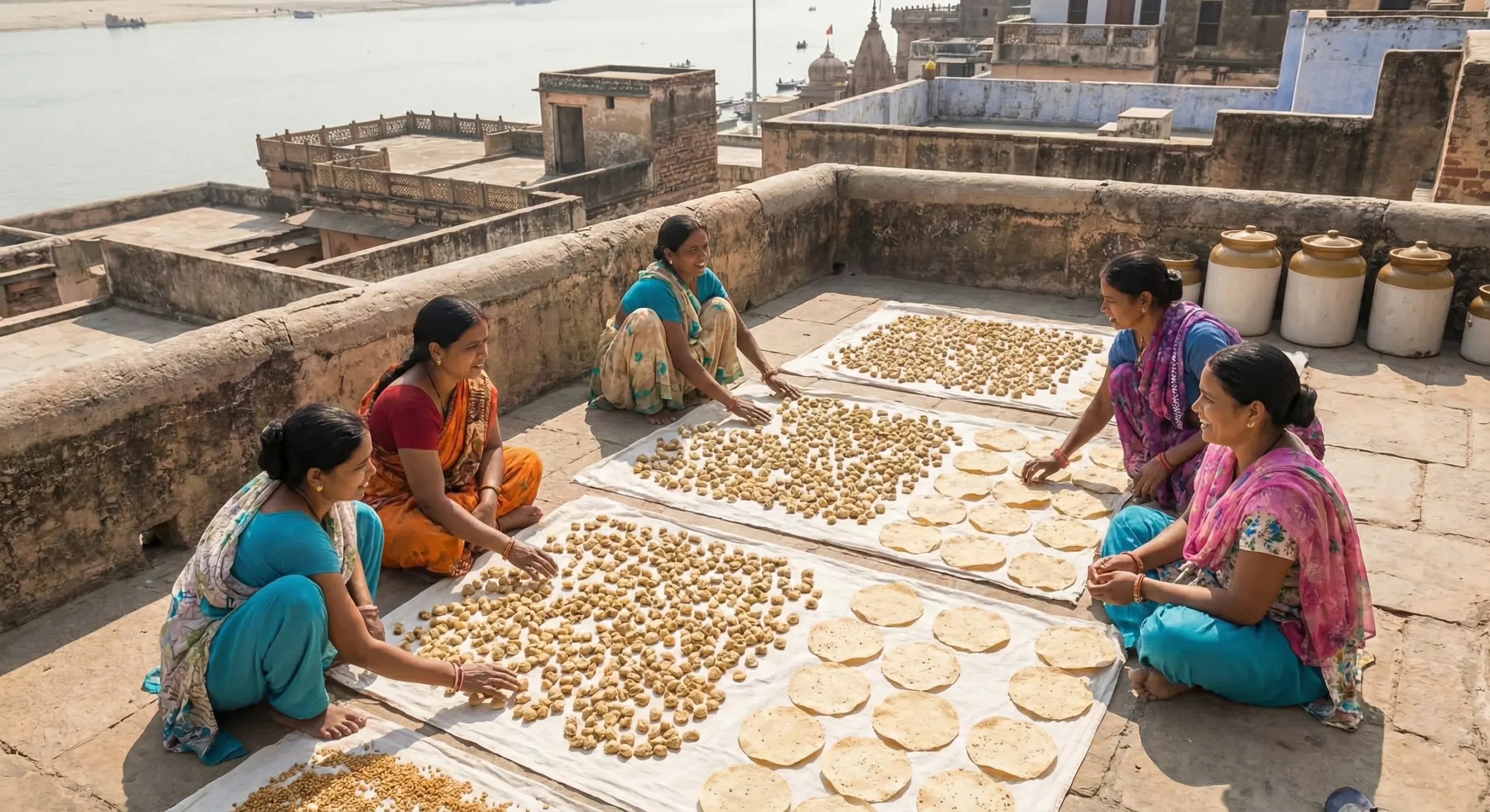 Womens sitting on a rooftop terrace in Banaras, sun-drying homemade lentil dumplings (wadi) and papads on white sheets.